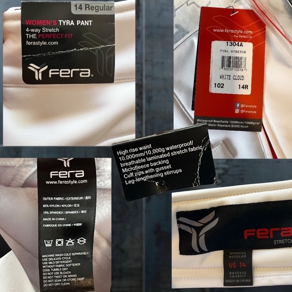 FERA Tyra Soft Shell 4-Way Stretch Waterproof Snow/Ski Pants in White  NWT/14R - Picture 11 of 13